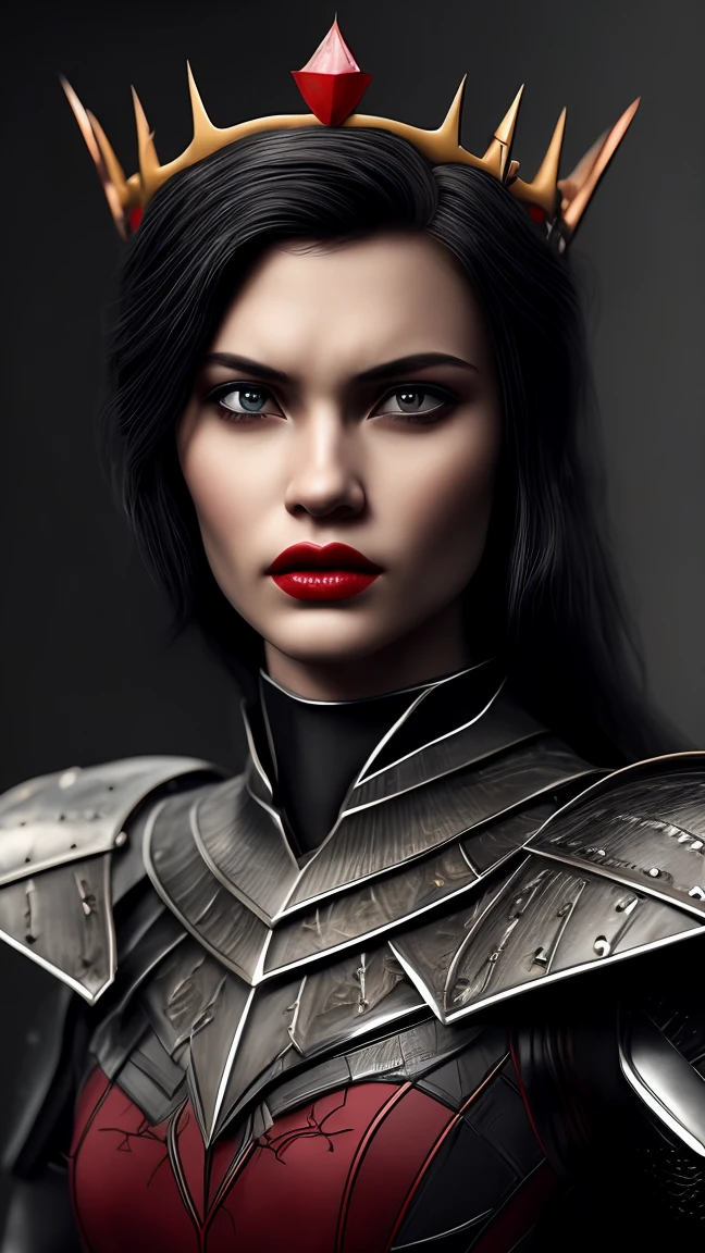 Masterpiece, high quality, super detailed, wallpaper, woman, full body, black armor , viewed from below, looking at the viewer, fit body, heels with black thorns, black and red short thorn crown, very short black hair, blue eyes, red lips, black eye makeup, black cape with black embroidery, angry look, stunning, in various poses, open hands, armored, detailed face, black background, small , no nude