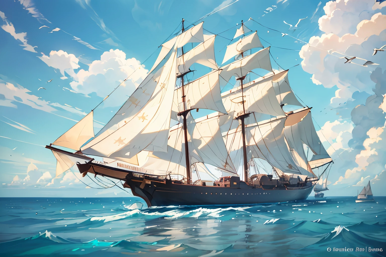 Majestic sailing ship, Under a clear light blue sky decorated with fluffy white clouds, By the tranquil turquoise sea, The big white sun shining at midday, 12pm, Detailed and realistic rendering, 4k quality, Masterpiece Criteria, High resolution, 超High resolution, Studio Lighting, Ultra-fine painting, Sharp focus, Physically Based Rendering, Very detailed explanation, Professional, Vibrant colors, Bokeh, Atmospheric, Clean Lines, Complex. The sails of the ship flutter in the wind, Creating a dynamic and energetic scene, soft, The warm sunlight adds to the dreamy atmosphere.. The sea reflects vibrations