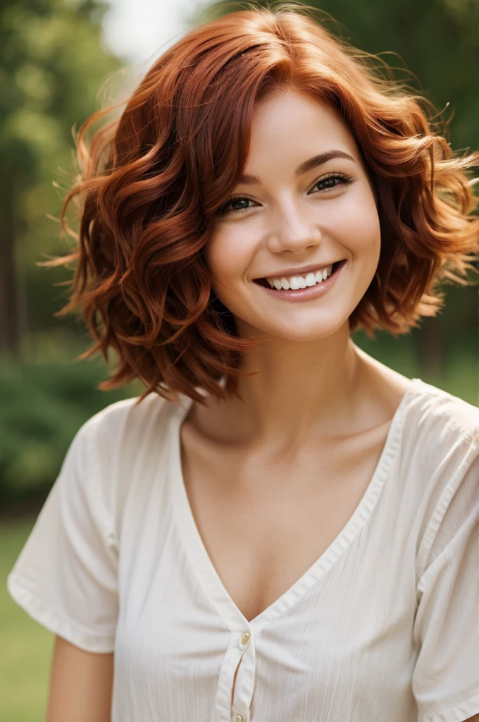 Woman with short wavy reddish hair smiling very happy