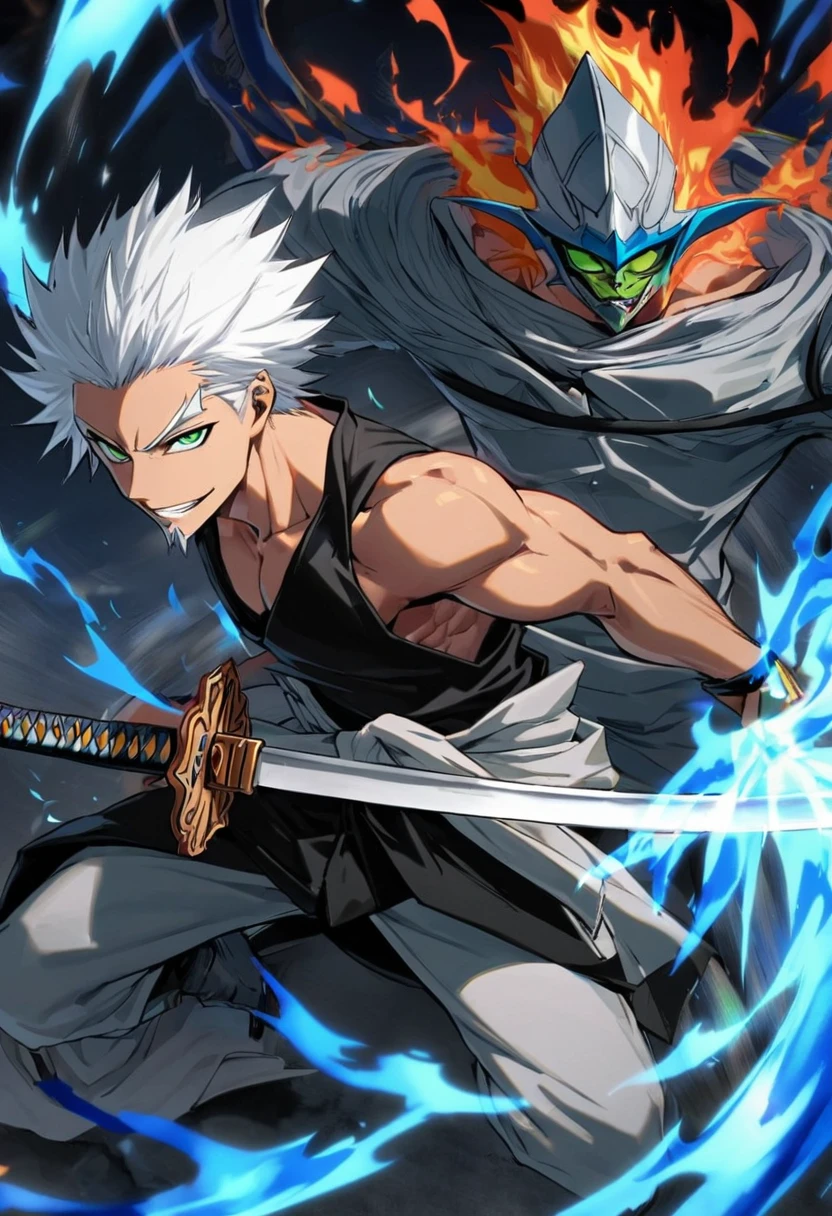 1 young boy, details Intricate, 1 men, bonitas, spiky white hair, vibrant green eyes, slim muscles, アニメ, 19yearsold, 19 years, a small goatee, kimono de Shinigami, Shinigami, bleach, Tank top, kimono, bleach, katana ( uma katana afiada e longa coberta por Blue flames) , blue flames, Blue flames, katana longa, powerful katana (attacking enemies with your katana making cuts with your flames).