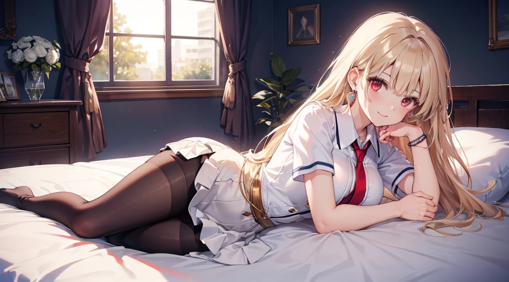 Highest quality, masterpiece, figure, wallpaper,One girl,White shirt, Light Hair, Beautiful detailed girl, Highly detailed eyes and face, Beautiful attention to detail, Shine,Browsing Caution, View your viewers, bed, night, Black Pantyhose, Straight hair, Red Eyes, long hair,Blonde, thick_Thighs, Large Breasts, Red eyes,Sitting,beautiful finger, clear background, deep night, Lying down、smile、Big earrings、bracelet
