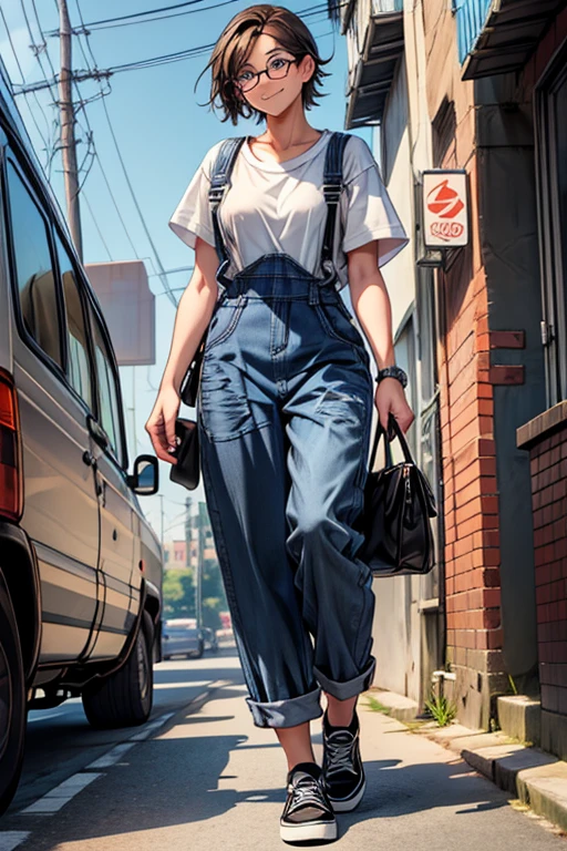 Create a full body anime style girl image. The girl has short brown hair, with a lock gathered on top. He wears large black-rimmed glasses and has big blue eyes.. He is smiling and is wearing a white t-shirt under long denim overalls and black vans..
