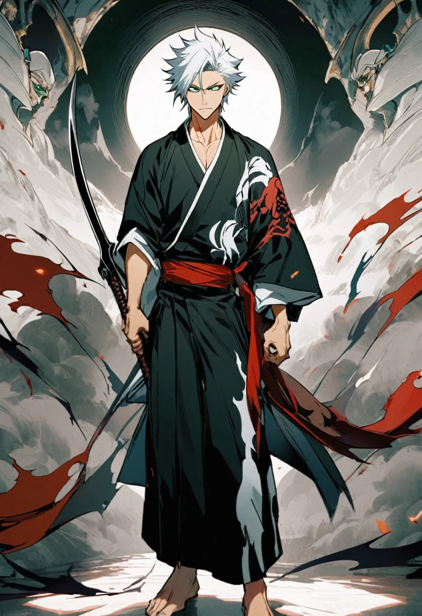 1 young boy, male focus, details Intricate, 1 men, bonitas, White hair, vibrant green eyes, slim muscles, アニメ, 19yearsold, 19 years, a small goatee, kimono de Shinigami, Shinigami, bleach style, bleach, regatta, kimono, bleach, bleach style, sickle ( uma sickle de tamanho mediano poderosa e afiada), sickle (fazendo cortes com a sickle saindo chamas pretas) chamapretass,Black flames, (o personagem esta em pé fazendo ataques com sua sickle mediana, using black fire attacks) .