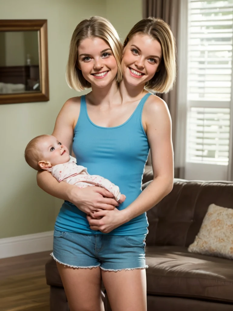 (conjoined_dicephalus), (2heads), 27-year-old white girl with two heads, short blonde bob, blue eyes, wearing a tank top and shorts, standing in a living room, holding a , smiling