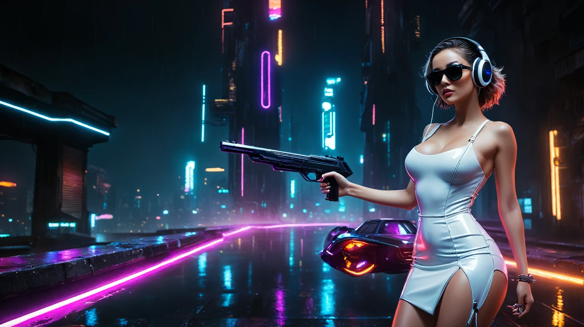 (aerial view, a flying cars docking platform, a very dark abandoned futuristic city, neon lights), rainy night. (((1girl, solo, alone))), large-breast:1.2 slim body, cleavage:1.1, sexy wind blowing wet dress:1.4, (((headphone, black sunglasses, standing and holding pistol:1.8, dynamic rushing pose))), (((((half-body thigh level medium shot))))), cinematic lighting, lens flare, ray tracing.
