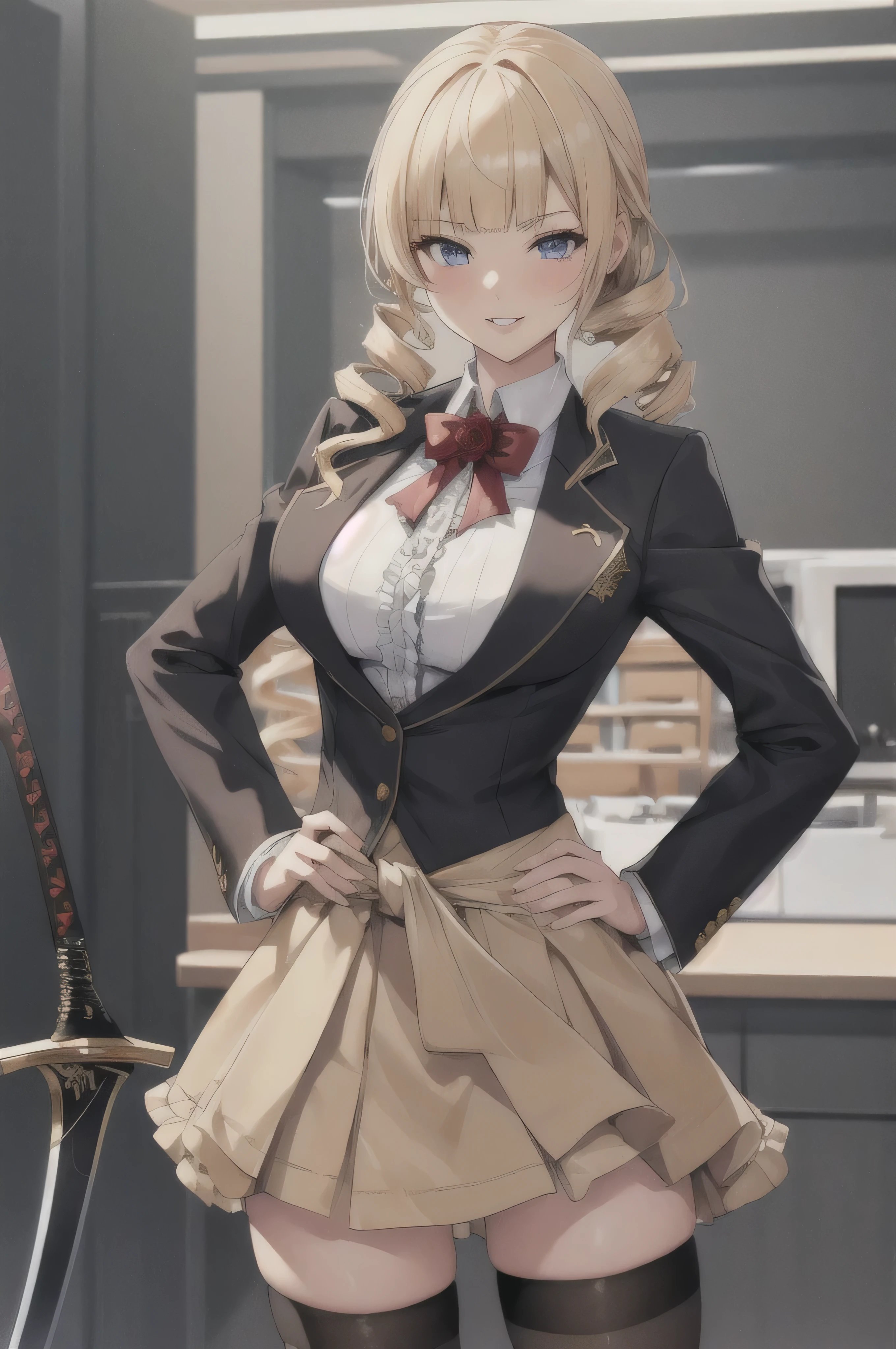 masterpiece,best quality, unreal engine, ultra res, extremely detailed,
1girl,medium breasts, waist, slender, (muscular:0.7)
rose oriana
blonde hair, drill hair, blunt bangs,
,blazer, frill shirt, skirt, thighhigh
holding sword,
ROUND BREASTS, medium BREASTS
standing, sexy pose, hand to hip, waist shot, watching at viewer, blush ,smile, parted lips