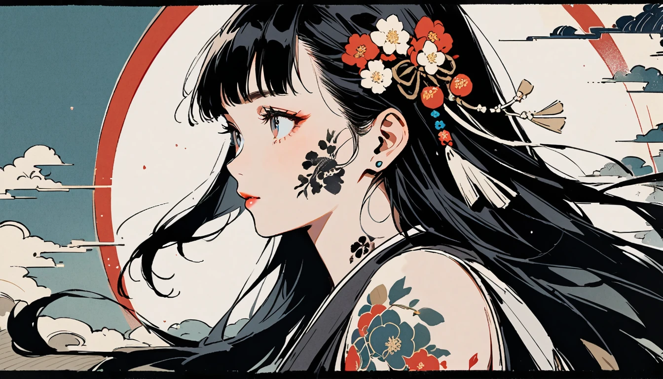 Ink Painting, (((1 girl))), (((Tattoo on face))), (((Gorgeous hair accessories))), Japanese style headphones, face close-up, Japanese beautiful girl, Black Hair, Delicate and precise, Modern ukiyo-e style