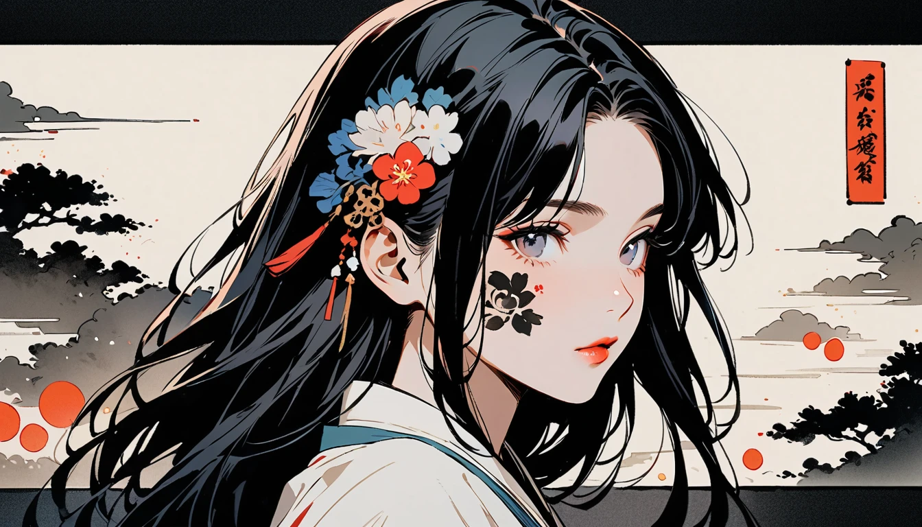 Ink Painting, (((1 girl))), (((Tattoo on face))), (((Gorgeous hair accessories))), Japanese style headphones, face close-up, Japanese beautiful girl, Black Hair, Delicate and precise, Modern ukiyo-e style