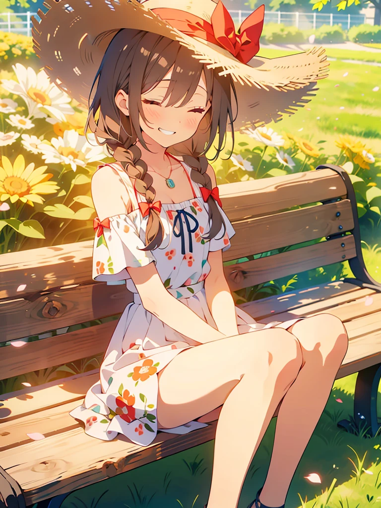 masterpiece, Highest quality, View your viewers,
One girl, alone, smile, Sitting, Have, Shoulder cutouts, Braiding, dress, Brown Hair, (close your eyes:1.1), twin Braidings, blush, Long Hair, bench, Grin, Grass, white dress, jewelry, Clothing cutouts, bangs, necklace, Floral print, Blurred, hand Between the legs, Blurred background, Between the legs, bow, In-person audience, chest, Exposing shoulders, sun Have, straw Have, Day, clavicle, hair bow, Short sleeve, The legs are detached from the frame, ribbon, Brown hat, on bench, Depth of written boundary, park bench, ^_^, Hair that falls over the shoulders,
Day, null, Flower Field, petal,