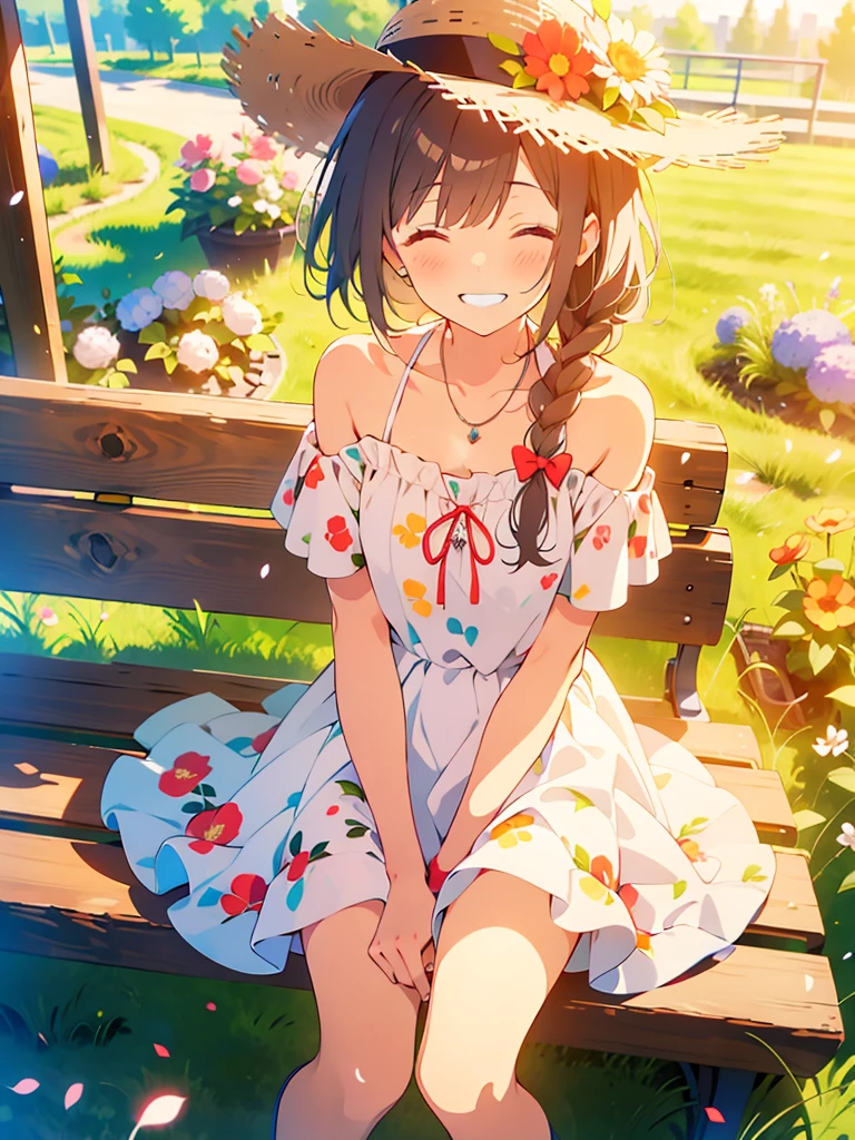 masterpiece, Highest quality, View your viewers,
One girl, alone, smile, Sitting, Have, Shoulder cutouts, Braiding, dress, Brown Hair, (close your eyes:1.1), twin Braidings, blush, Long Hair, bench, Grin, Grass, white dress, jewelry, Clothing cutouts, bangs, necklace, Floral print, Blurred, hand Between the legs, Blurred background, Between the legs, bow, In-person audience, chest, Exposing shoulders, sun Have, straw Have, Day, clavicle, hair bow, Short sleeve, The legs are detached from the frame, ribbon, Brown hat, on bench, Depth of written boundary, park bench, ^_^, Hair that falls over the shoulders,
Day, null, Flower Field, petal,