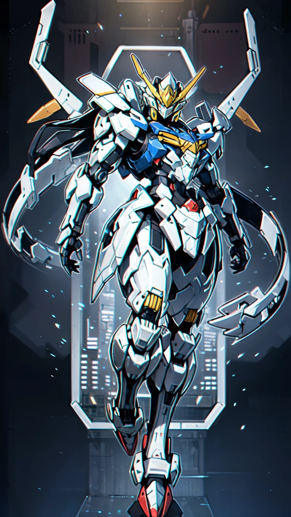 (masterpiece:1.5, best quality:1.5, extremely delicate:1.5), humanoid Mecha, fully enclosed shoulder guards, matching arm and leg guards, full body, full armor, the design balances heavy with agility, (the color scheme is primarily white with red and blue accents, the concept Inspired by Super robot, organic biotech armor, standing, floating high above the futuristic sci-fi city), exquisite and mature art style, (aura effect, energy, glowing eyes, the armor glows), metallic, dramatic, high definition, highres, ultra-detailed, ultra-fine painting, professional, perfect body proportions, anatomically correct, symmetrical face, extremely detailed eyes and face, high quality eyes, creativity, RAW photo, UHD, 32k, Natural light, cinematic lighting, masterpiece-anatomy-perfect