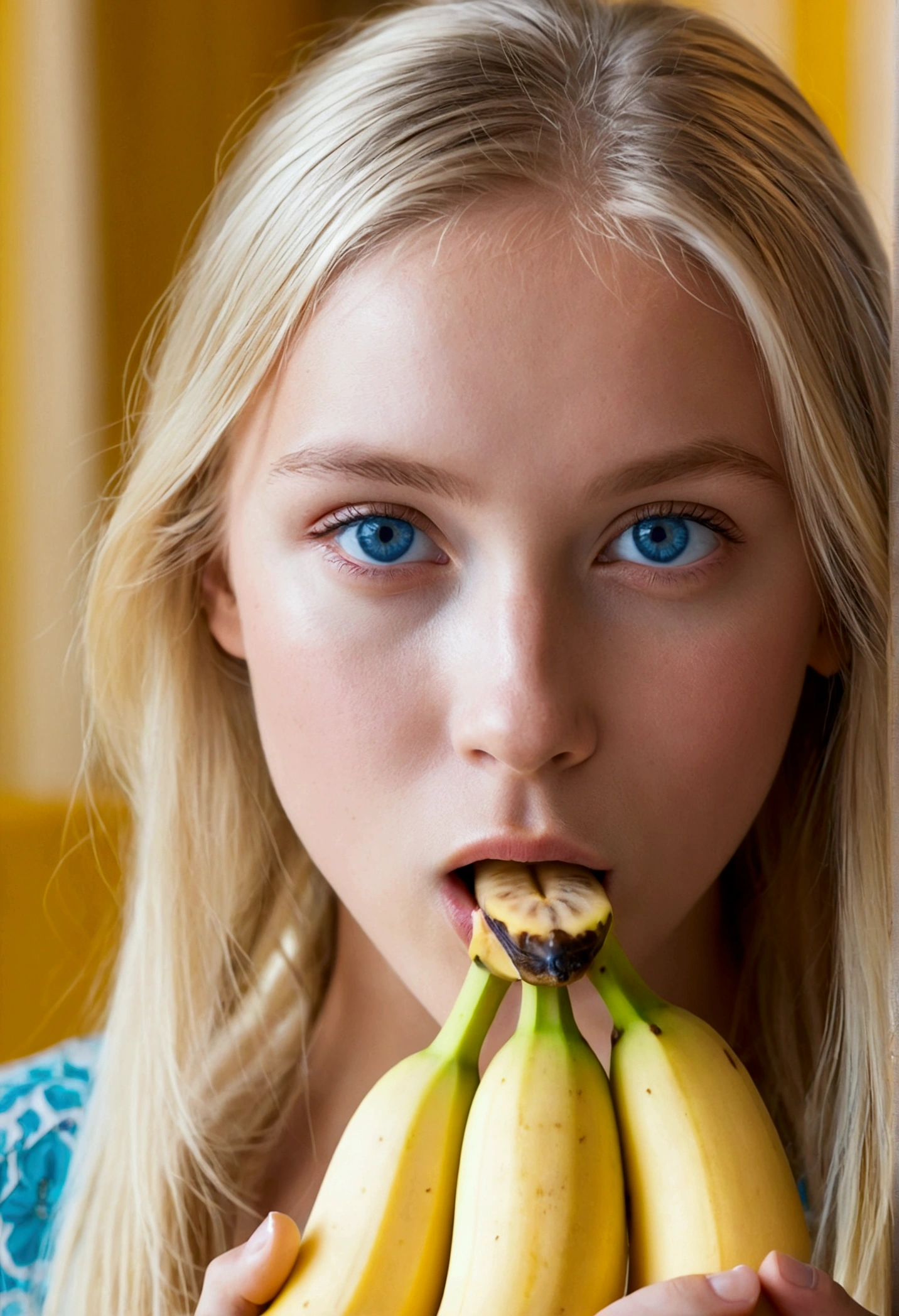 blonde girl, blue eyes looking at the camera and eating a banana