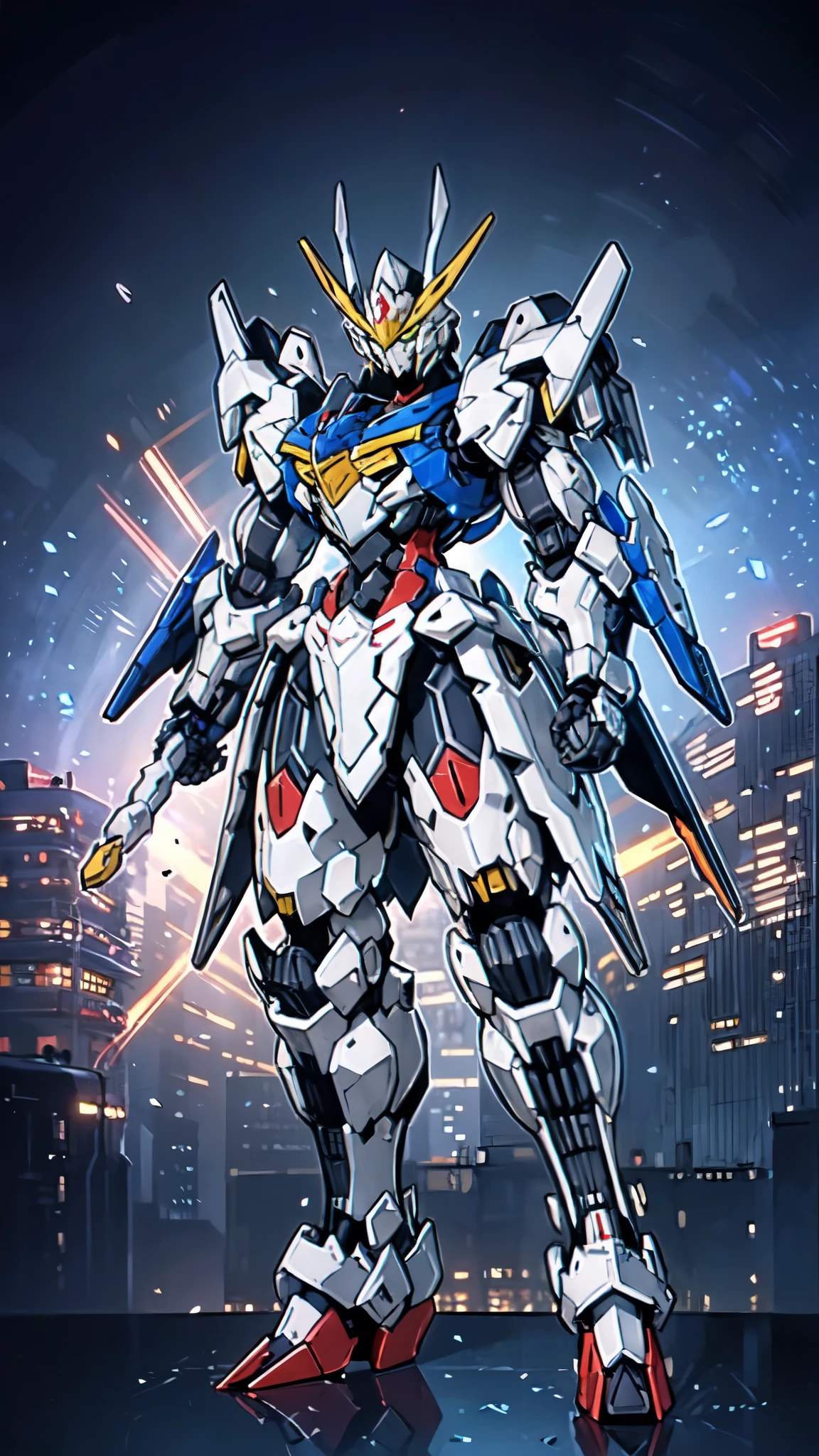 (masterpiece:1.5, best quality:1.5, extremely delicate:1.5), humanoid Mecha, fully enclosed shoulder guards, matching arm and leg guards, full body, full armor, the design balances heavy with agility, (the color scheme is primarily white with red and blue accents, the concept Inspired by Super robot, organic biotech armor, standing, floating high above the futuristic sci-fi city), exquisite and mature art style, (aura effect, energy, glowing eyes, the armor glows), metallic, dramatic, high definition, highres, ultra-detailed, ultra-fine painting, professional, perfect body proportions, anatomically correct, symmetrical face, extremely detailed eyes and face, high quality eyes, creativity, RAW photo, UHD, 32k, Natural light, cinematic lighting, masterpiece-anatomy-perfect