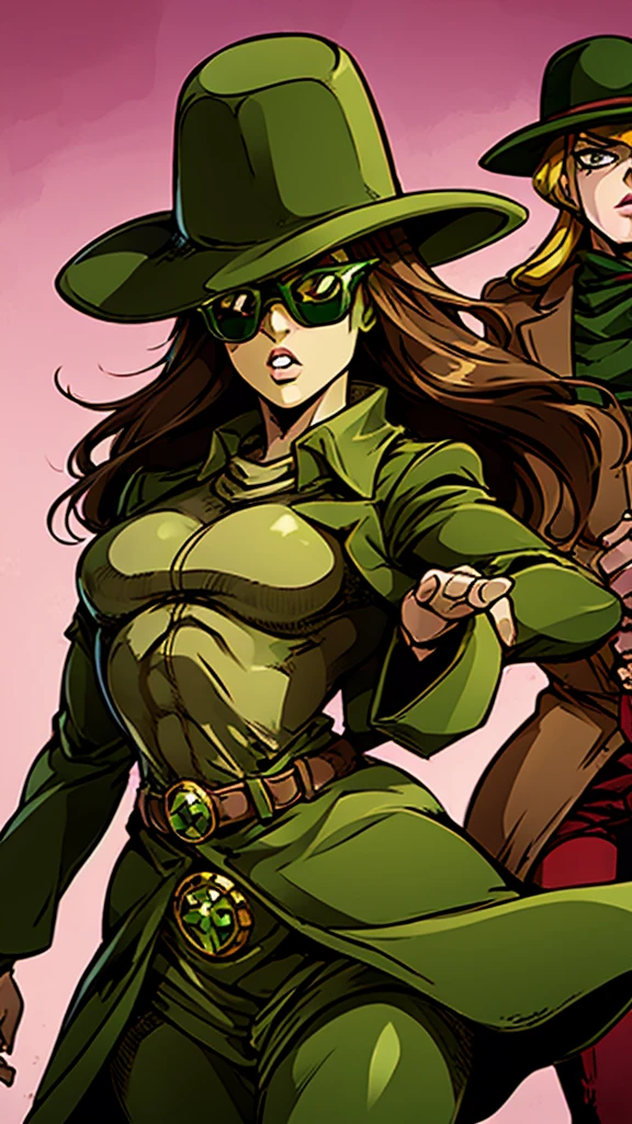 Green skin woman. Brown Hat. Brown Overcoat. Sunglasses. Dark green long hair. Jojo female stand. Green suit under overcoat