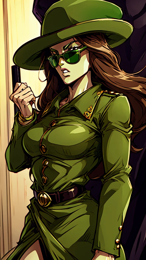 Green skin woman. Brown Hat. Brown Overcoat. Sunglasses. Dark green long hair. Jojo female stand. Green suit under overcoat