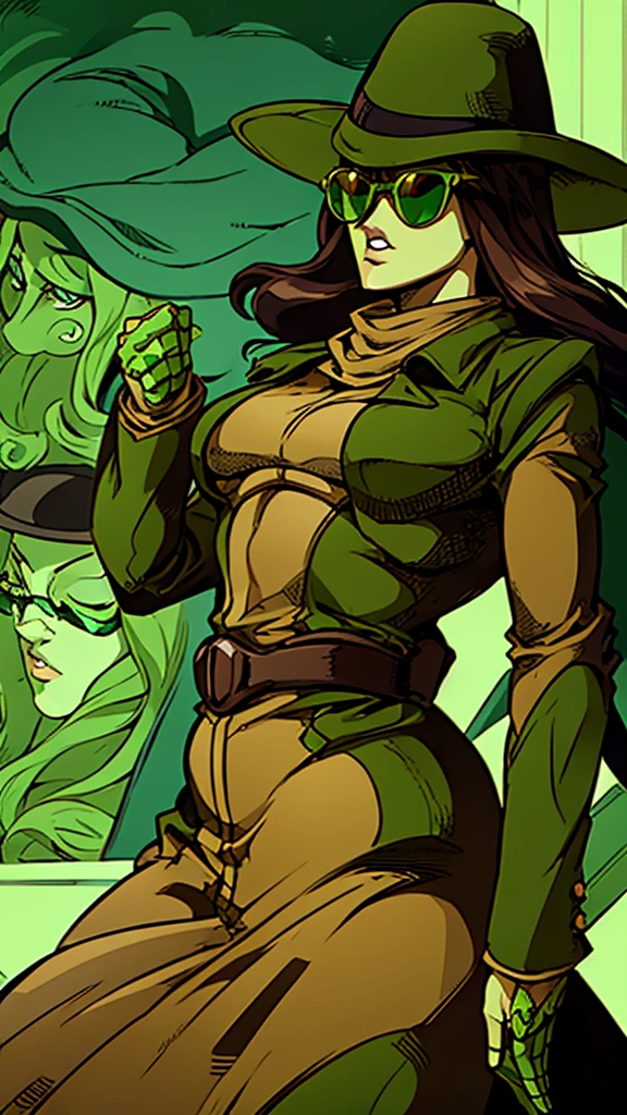 Green skin woman. Brown Hat. Brown Overcoat. Sunglasses. Dark green long hair. Jojo female stand. Green suit under overcoat