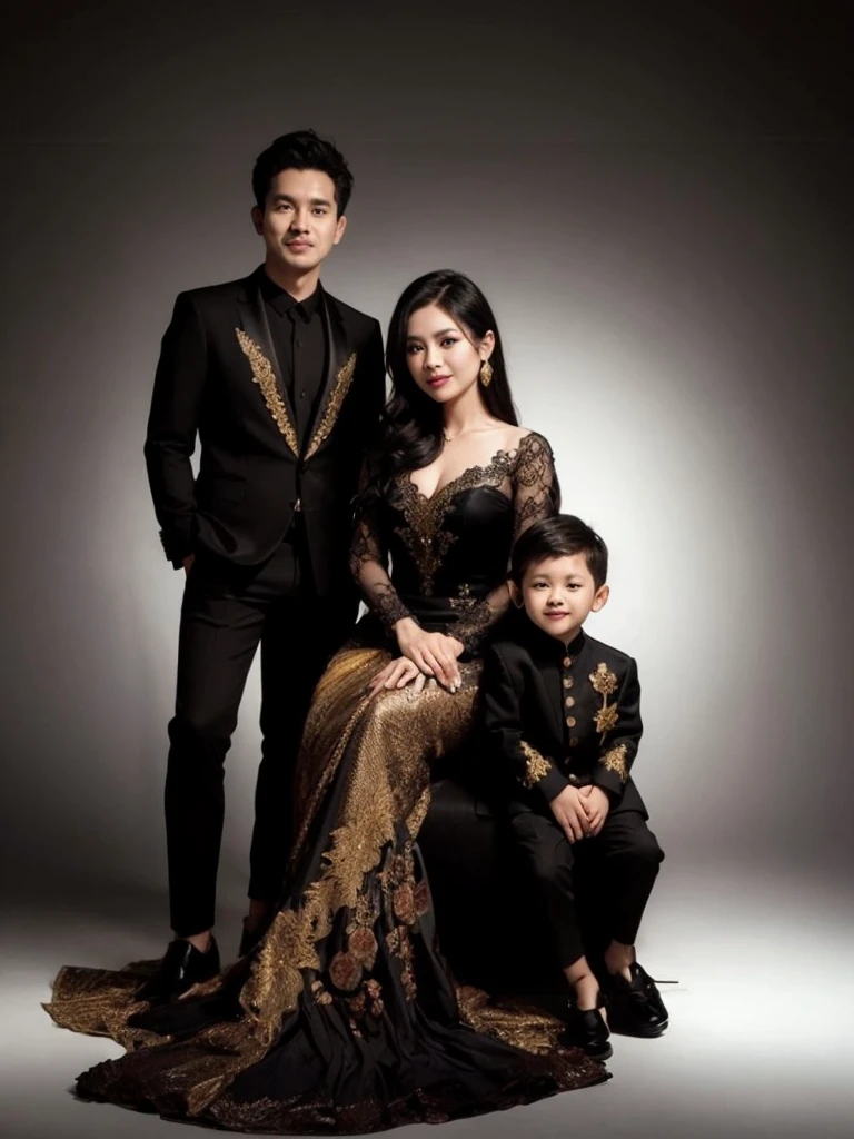Happy family photo Indonesia, man aged 33, wearing a black suit, black shoes, woman aged 28, wearing a black and gold kebaya, 4-year-old boy, wearing a black suit, studio photo, dark background, standing pose, white lighting, ultra HD, realistic, best photography, masterpiece.