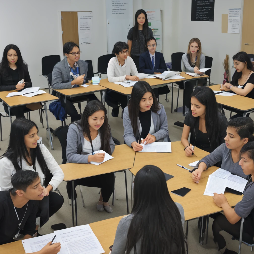  image of a group of students from different backgrounds and with study materials, collaborating on a project, under the guidance of a university professor between 50 years old who encourages open discussion and critical thinking. That symbolizes evaluation as an inclusive and enriching space, where diversity of ideas and approaches is celebrated.