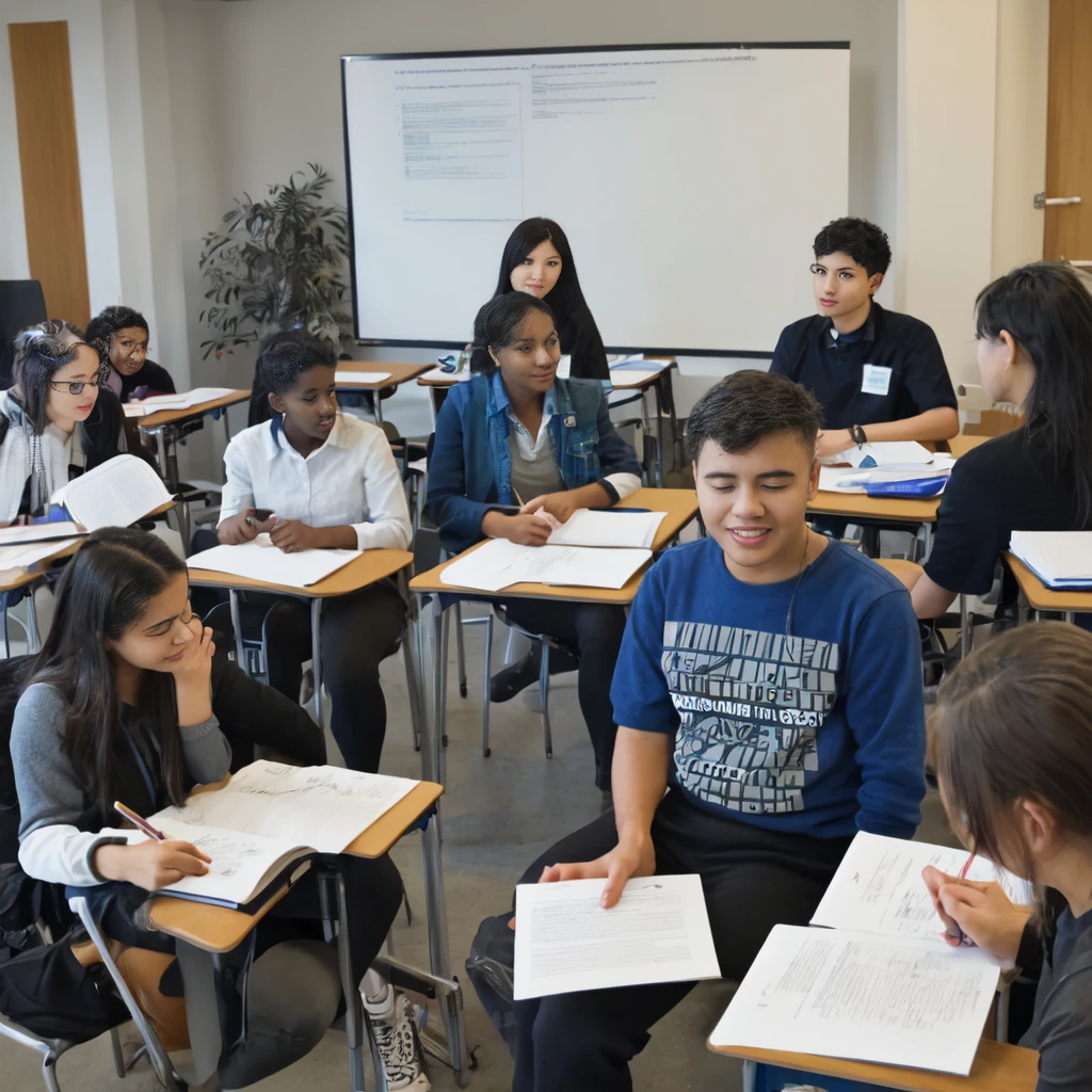image of a group of students from different backgrounds and with study materials, collaborating on a project, under the guidance of a university professor between 50 years old who encourages open discussion and critical thinking. That symbolizes evaluation as an inclusive and enriching space, where diversity of ideas and approaches is celebrated.