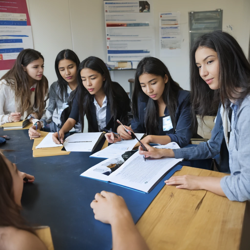 image of a group of students from different backgrounds and with study materials, collaborating on a project, under the guidance of a university professor between 50 years old who encourages open discussion and critical thinking. That symbolizes evaluation as an inclusive and enriching space, where diversity of ideas and approaches is celebrated.