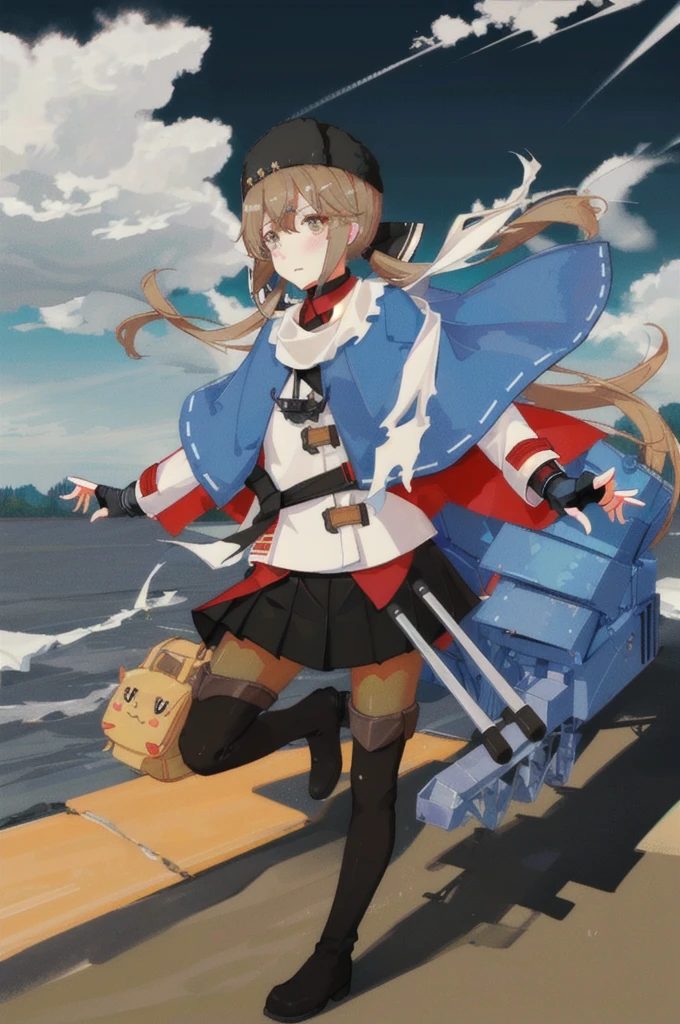 Tashkent \(Kantai Collection\), One girl, alone, skirt, fur Have, Papaka, Twin tails, Have, white Jacket, white scarf, black bow, thigh boots, black skirt, pantyhose, Jacket, scarf, Black Hat, boots, anchor necklace, fingerless gloves, gloves, shawl, red shirt, black gloves, shirt, Black footwear, blue shawl, Knee socks, bow, star \(symbol\), Hair Clip, torn scarf, black belt, null, jewelry, untucked shirt, belt, necklace, Long sleeve, pleated skirt, Ribbon trim, anchor, blush, cloud, View your viewers, star \(null\), Outdoor, brown pantyhose, gradient null, Cowboy Shot, original, Intricate details, figure, masterpiece, Highly detailed CG Unity 8k wallpaper, highlight, whet, dynamic,