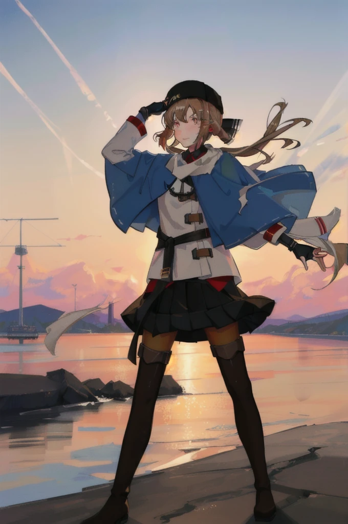 Tashkent \(Kantai Collection\), One girl, alone, skirt, fur Have, Papaka, Twin tails, Have, white Jacket, white scarf, black bow, thigh boots, black skirt, pantyhose, Jacket, scarf, Black Hat, boots, anchor necklace, fingerless gloves, gloves, shawl, red shirt, black gloves,  shirt, Black footwear, blue shawl, Knee socks, bow, star \(symbol\), Hair Clip, torn scarf, black belt, null, jewelry, untucked shirt, belt, necklace, Long sleeve, pleated skirt, Ribbon trim, anchor, blush, cloud, View your viewers, star \(null\), Outdoor, brown pantyhose, gradient null, Cowboy Shot, original, Intricate details, figure, masterpiece, Highly detailed CG Unity 8k wallpaper, highlight, whet, dynamic,