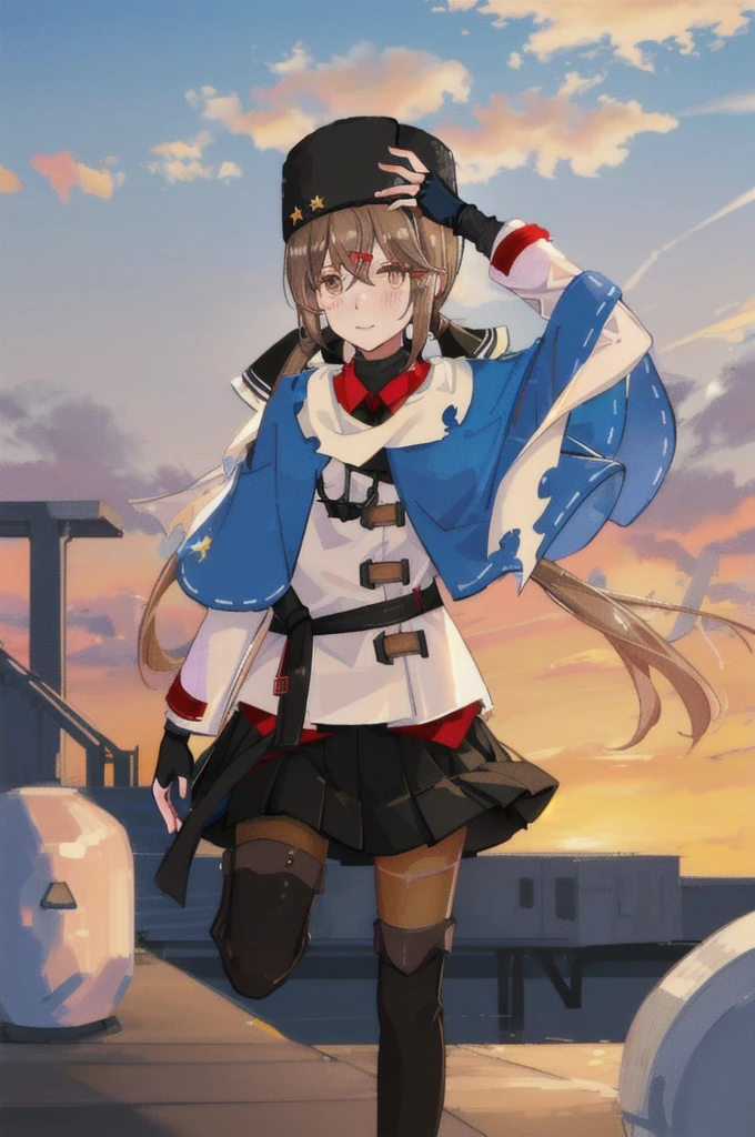 Tashkent \(Kantai Collection\), One girl, alone, skirt, fur Have, Papaka, Twin tails, Have, white Jacket, white scarf, black bow, thigh boots, black skirt, pantyhose, Jacket, scarf, Black Hat, boots, anchor necklace, fingerless gloves, gloves, shawl, red shirt, black gloves,  shirt, Black footwear, blue shawl, Knee socks, bow, star \(symbol\), Hair Clip, torn scarf, black belt, null, jewelry, untucked shirt, belt, necklace, Long sleeve, pleated skirt, Ribbon trim, anchor, blush, cloud, View your viewers, star \(null\), Outdoor, brown pantyhose, gradient null, Cowboy Shot, original, Intricate details, figure, masterpiece, Highly detailed CG Unity 8k wallpaper, highlight, whet, dynamic,