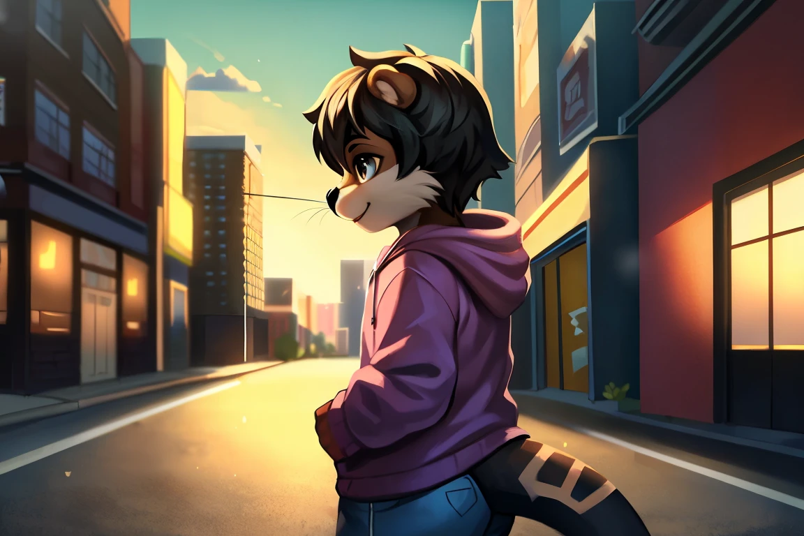 ((otter)), solo, nude, light brown fur, hazel eyes, short hair, black hair, complex fur patterns, slightly chunky, light pink hoodie, light grey pants, standing, happy, city background, skyscrapers, street, sidewalk, sunny, up close. Very good figure, best quality, highres, 16k, Natural soft light, Tyndall effect, Advanced film lighting, Unreal Engine5, Extremely realistic, A high resolution, perfect masterpiece, high quality, high resolution