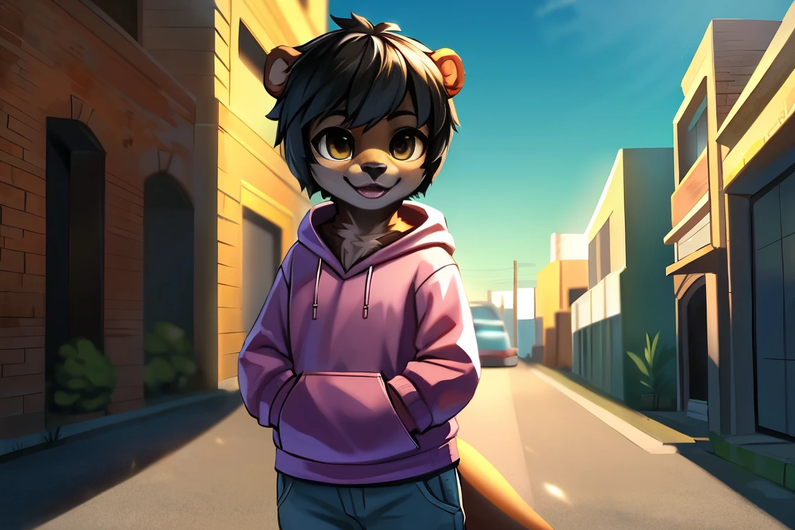 ((otter)), solo, nude, light brown fur, hazel eyes, short hair, black hair, complex fur patterns, slightly chunky, light pink hoodie, light grey pants, standing, happy, city background, skyscrapers, street, sidewalk, sunny, up close. Very good figure, best quality, highres, 16k, Natural soft light, Tyndall effect, Advanced film lighting, Unreal Engine5, Extremely realistic, A high resolution, perfect masterpiece, high quality, high resolution