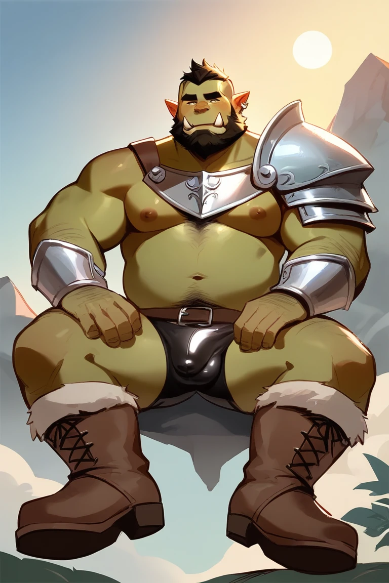 score_9, score_8_up, score_7_up, solo, male focus, chubby male, orc, green skin, tusks, beard, outdoors, micro armor , shoulder armor, breastplate, tongue out , ashamed face , day, boots , (( black micro tight shorts )) , cock earing , full body , laying spread legs , His body was wet with cum , low-angle