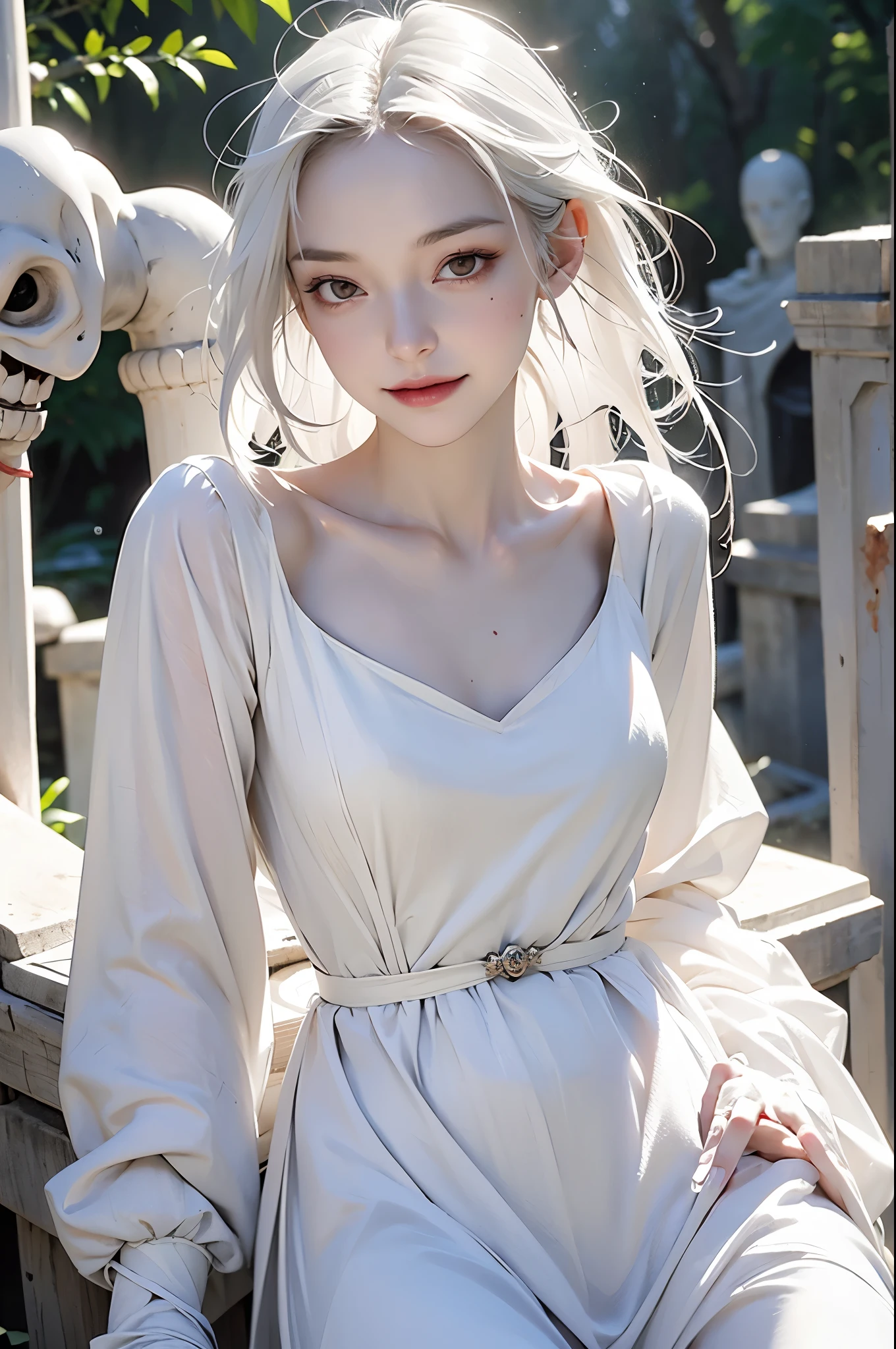 Corpse, sinister, woman, Thin, pale, Looking at the camera, Surreal, Very detailed, cemetery environment, Bright Eyes, White dress torn，Stained with blood, Bones exposed, rotten wound, Sensual, scary, Physical Injury, clavicle fracture, Smile, Very detailed, White eyes,Shot in the body, Short white hair,