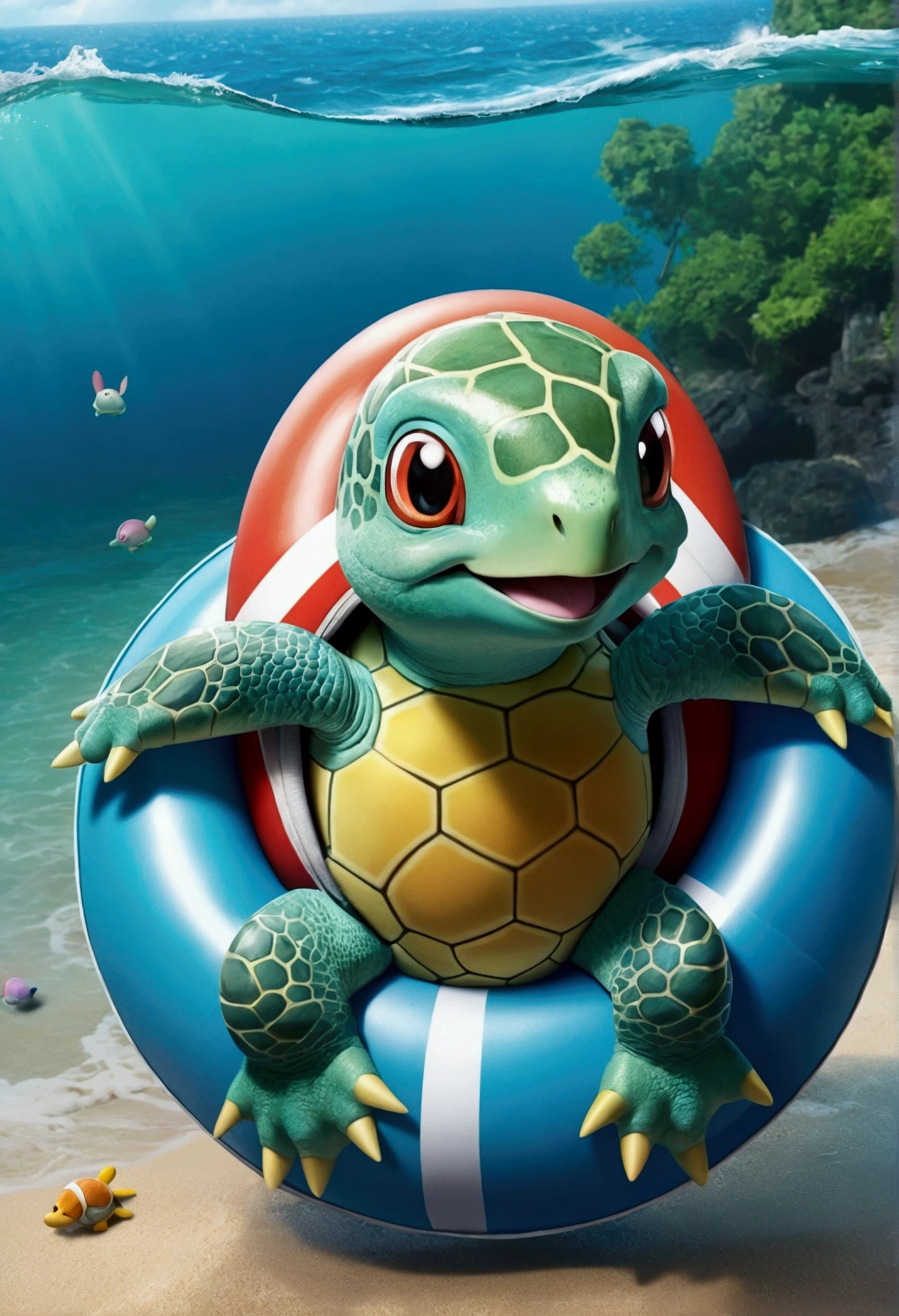 Pokemon，jenny turtle，Adorable，beautiful fusion monster，Carry the case，Fantastic colors，nature，With a swim ring，stand cross-legged on the sea