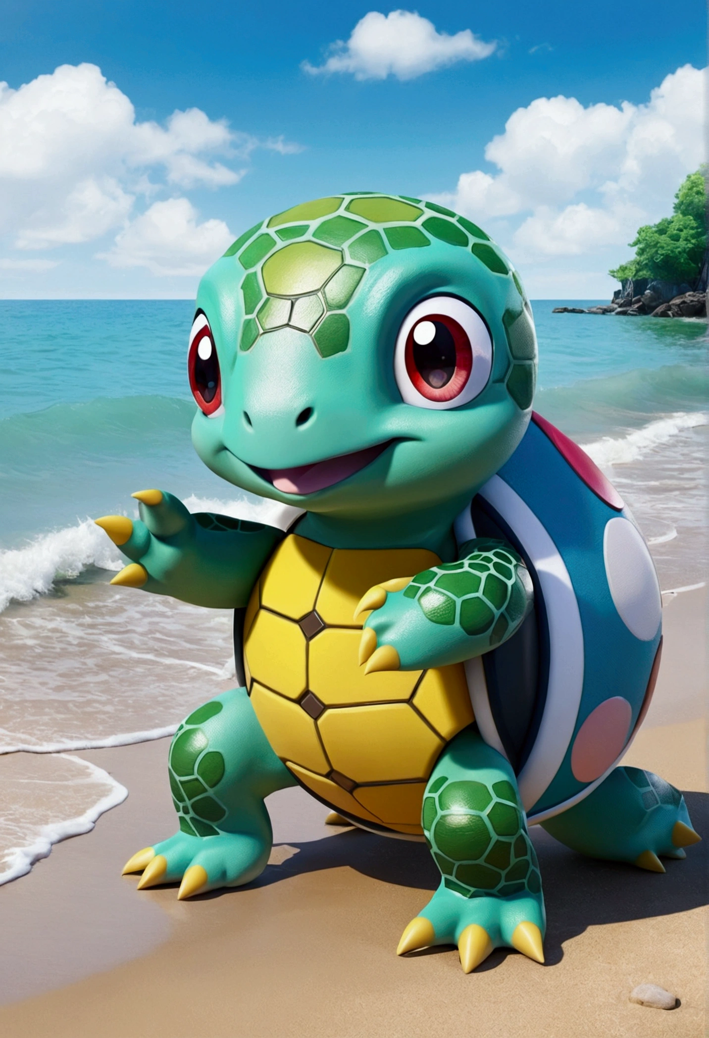 Pokemon，jenny turtle，Adorable，beautiful fusion monster，Carry the case，Fantastic colors，nature，With a swim ring，stand cross-legged on the sea