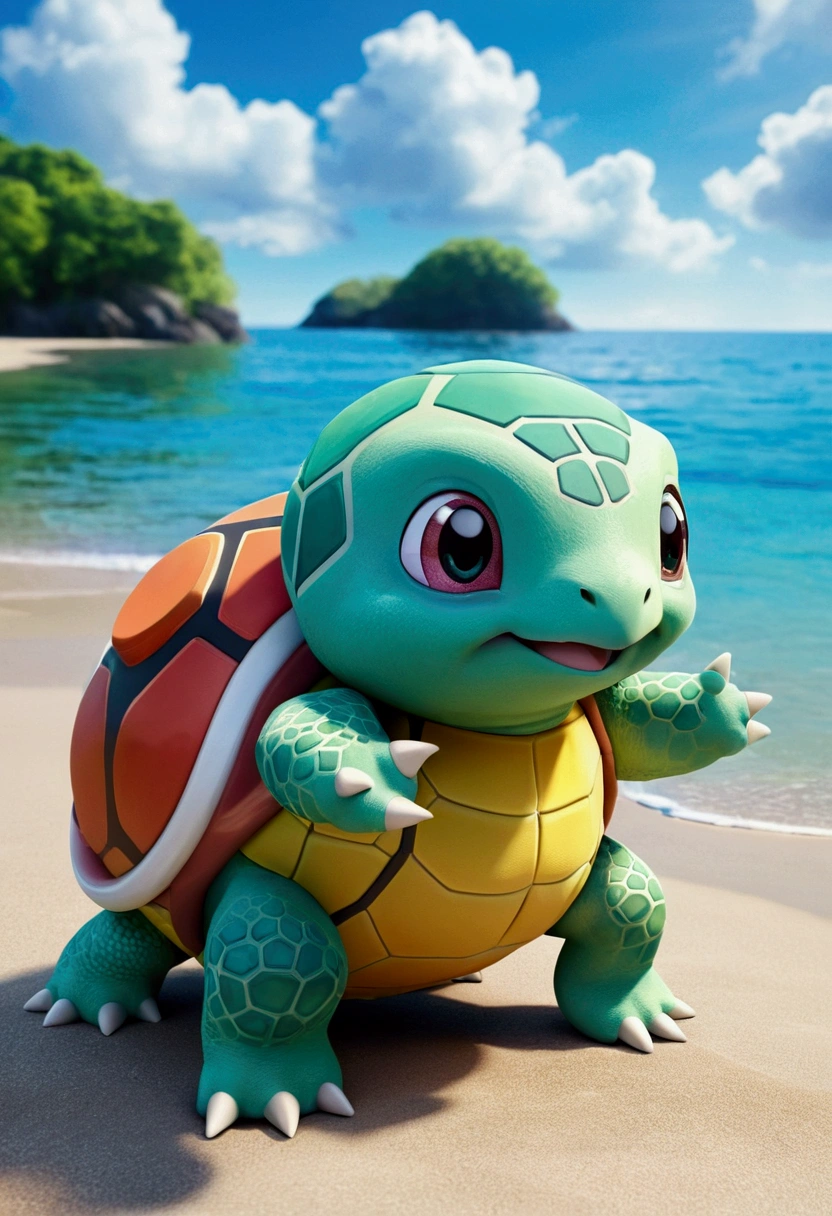 Pokemon，jenny turtle，Adorable，beautiful fusion monster，Carry the case，Fantastic colors，nature，With a swim ring，stand cross-legged on the sea