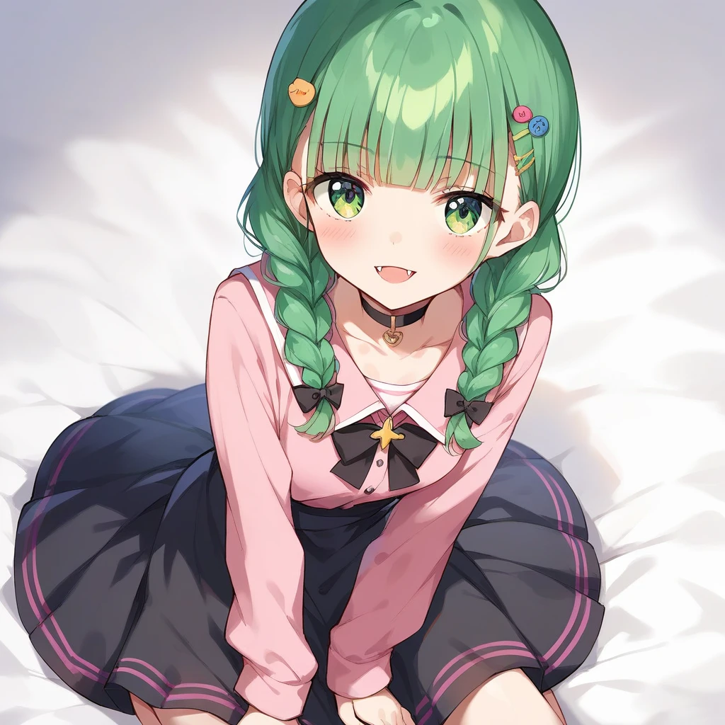 score_9, score_8_up, score_7_up, score_6_up, score_5_up, score_4_up, source_anime, clip skip：2,A girl with her hands on the ground and her head down,
,Top quality, masterpiece, chibi character, peal purple and blunt bangs hair, twin braids, green eyes, blushing,fangs,(a girl with closs hair pin,
pink shirt,cosplay, jirai kei, bangs, black skirt, black bow, looking at viewer, bow, long sleeves, choker, ribbon,fullbody shot :1.4),