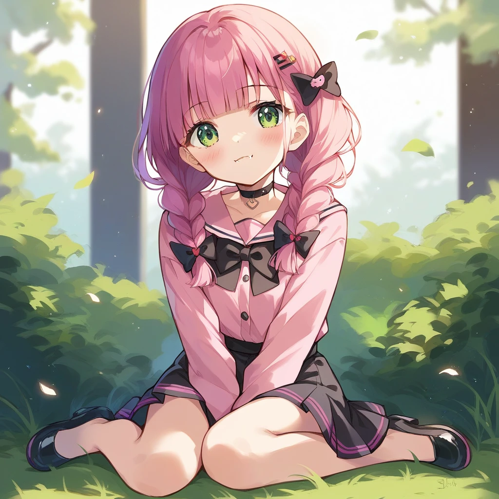score_9, score_8_up, score_7_up, score_6_up, score_5_up, score_4_up, source_anime, clip skip:2,A girl with her hands on the ground and her head down,
,Top quality, masterpiece, chibi character, peal purple and blunt bangs hair, twin braids, green eyes, blushing,fangs,(a girl with closs hair pin,
pink shirt,cosplay, jirai kei, bangs, black skirt, black bow, looking at viewer, bow, long sleeves, choker, ribbon,fullbody shot :1.4),