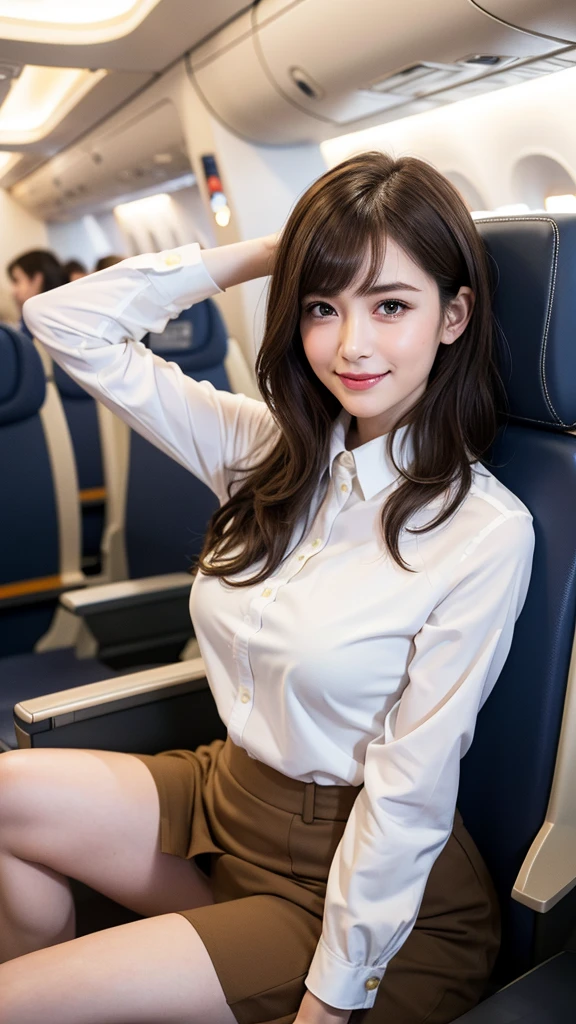 (masterpiece:1.3), High resolution, Super detailed, Highly detailed CG Unity 8k wallpaper, Realistic, photo-Realistic, RAW Photos, Beautifully detailed face, Pale skin, Realistic skin, Detailed cloth texture, Detailed hair texture, Perfect Proportions, Beautiful Face, Accurate, Anatomically correct, Highly detailed face and skin texture, Natural neck length, (Beautiful Hands), (Fair skin:1.2), Thin legs, Thin legs, Sexy thighs,
break,
Detailed eyes, Symmetrical eyes, Light brown eyes, double eyelid, Thin eyebrows, (Glossy Lips:1.4), ((Cute smile:1.2)), (blush:1.2),
break,
(Classy and cute girl:1.3), (Wearing the elegant flight attendant uniform of Japan Airlines:1.2),
(Medium large breasts), (Slim figure:1.2),
(Dark brown hair, Wavy Hair), ((short hair, Asymmetrical bangs:1.2)), (Upper Body Shot:1.2), (View your viewers:1.2), From the side,
break,
((Stand on the first class floor in a graceful pose:1.2)), (Inside a private plane: 1.2),