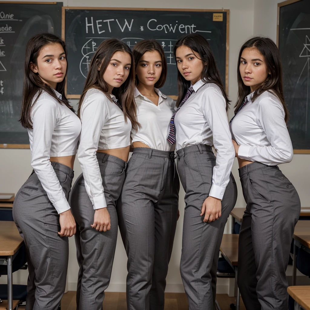 a row of three diverse 15 year old girls, sticking out ass, wearing white long sleeve shirts, striped school ties and dark gray plain pants, hypnotized, Looking directly at the viewer, in a british classroom with a blackboard, three quarter view, very submissive, intelligent and confident, submissive behavior, cool, uniform daylight, High Definition, Hyperrealistic photo, sharp focus