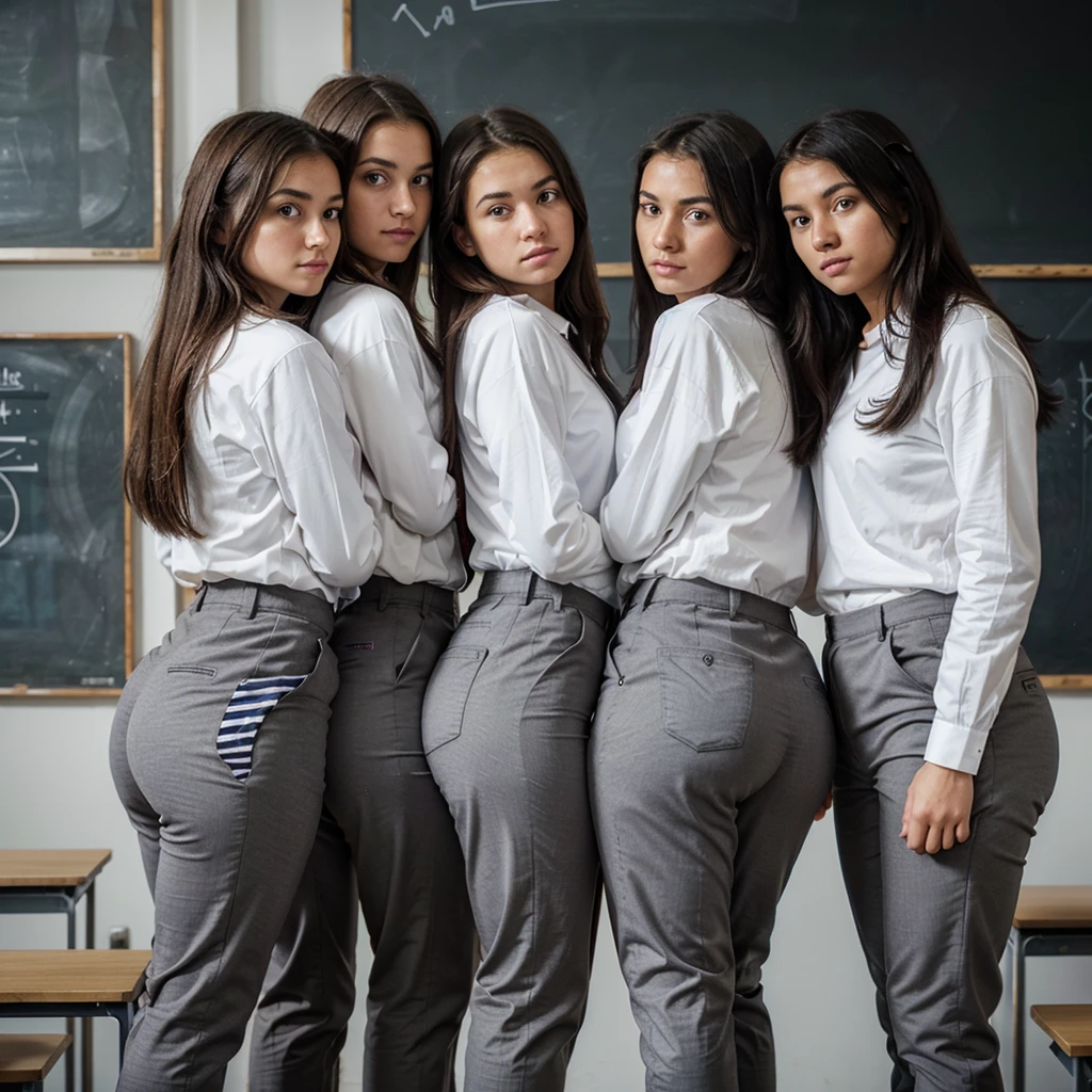 a row of three diverse 15 year old girls, sticking out ass, wearing white long sleeve shirts, striped school ties and dark gray plain pants, hypnotized, Looking directly at the viewer, in a british classroom with a blackboard, three quarter view, very submissive, intelligent and confident, submissive behavior, cool, uniform daylight, High Definition, Hyperrealistic photo, sharp focus
