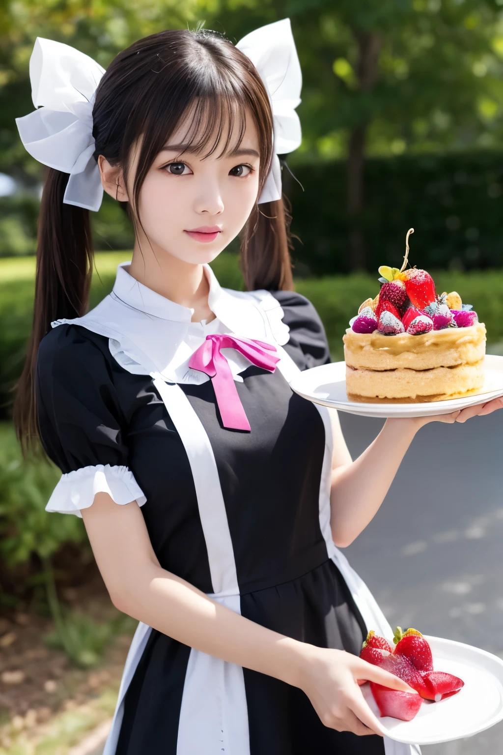 A young female character is standing wearing a maid costume.、In her right hand she is holding a tray of parfait desserts.。Her hair is long、It is brown and styled in twin tails.、It has pink highlights。She is wearing a black and white maid outfit.、She has a frilly apron and a big pink ribbon tied around her neck.。her expression is neutral、I think there&#39;s a bit of curiosity.。The eyes are a soft pink color。She is wearing a black maid&#39;s cap、The apron has a small heart-shaped decoration。Parfait with strawberries、Whipped cream、Topped with chocolate sauce、It looks colorful and appetizing.。The background is a luxurious living room、The character and her outfit are highlighted。The lighting is uniform、There is almost no shadow、It shows the character and the dessert she is holding in clear detail.。

