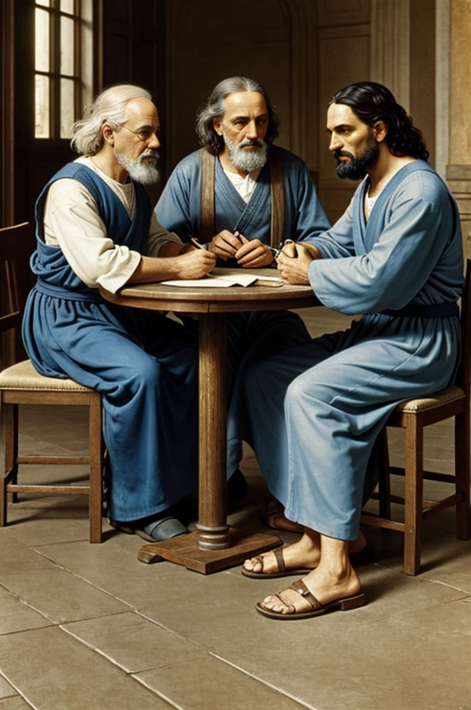 Socrates, Jesus and Albert Einstein sitting at a table, fantastic realism, official art, a colorized photo