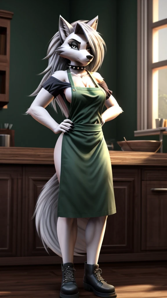 Loona from Helluva Boss, female wolf, white soft hair, grey eyes, mature adult, tall, wearing a green shirt, dark green pants, black shoes, green apron, standing, solo, beautiful, high quality, 4K