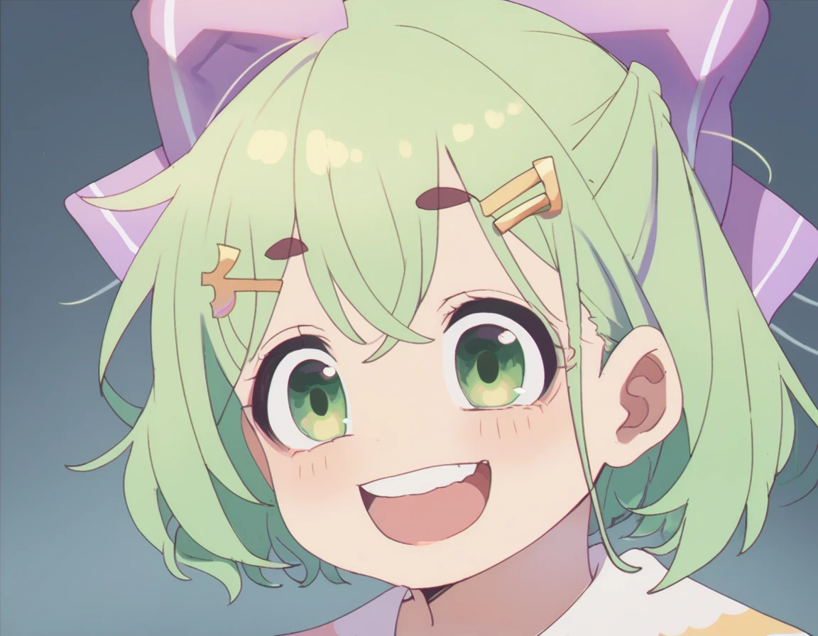 score_9, score_8_up, score_7_up, 1girl, short green hair, green eyes, purple bow headdress, hair clip, purple and yellow sailor collar, sailor suit, nerdy hairstyle. Green bow girl with crossed bangs. Short hair, close-up, bust, facial close-up, Akimbo, female.laugh， girl，lolita，