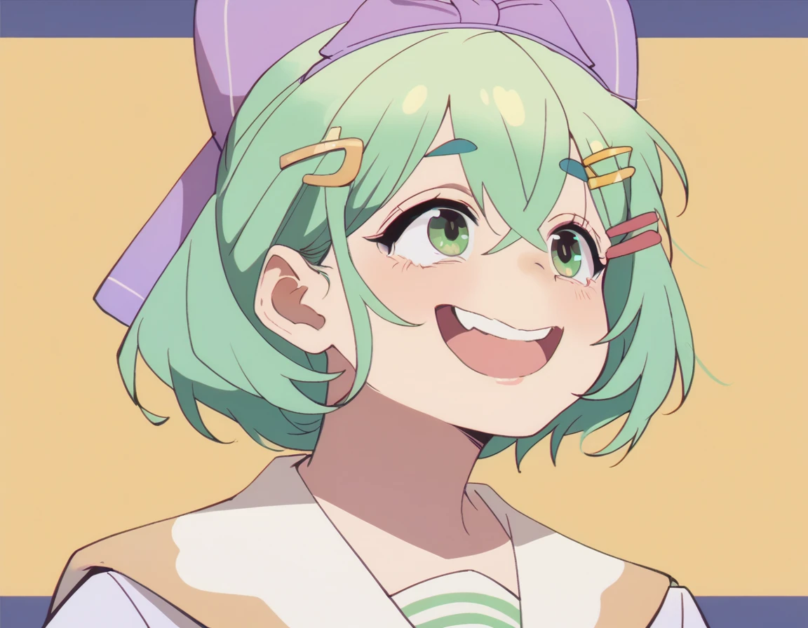 score_9, score_8_up, score_7_up, 1girl, short green hair, green eyes, purple bow headdress, hair clip, purple and yellow sailor collar, sailor suit, nerdy hairstyle. Green bow girl with crossed bangs. Short hair, close-up, bust, facial close-up, Akimbo, female.laugh， girl，lolita，