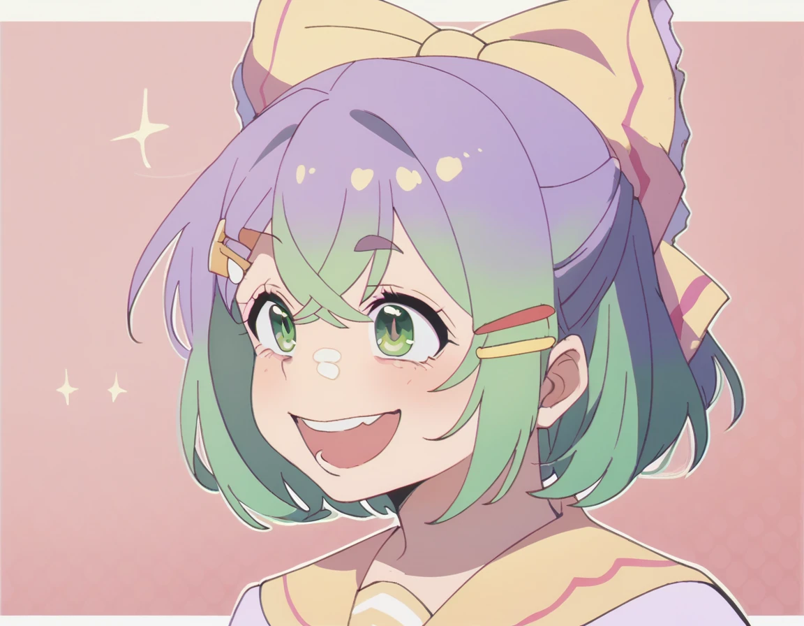 score_9, score_8_up, score_7_up, 1girl, short green hair, green eyes, purple bow headdress, hair clip, purple and yellow sailor collar, sailor suit, nerdy hairstyle. Green bow girl with crossed bangs. Short hair, close-up, bust, facial close-up, Akimbo, female.laugh，***********，****ta，