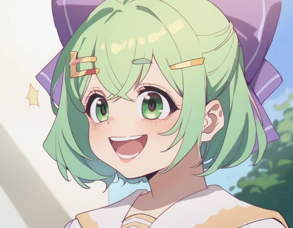 score_9, score_8_up, score_7_up, 1girl, short green hair, green eyes, purple bow headdress, hair clip, purple and yellow sailor collar, sailor suit, nerdy hairstyle. Green bow girl with crossed bangs. Short hair, close-up, bust, facial close-up, Akimbo, female.laugh，***********，****ta，