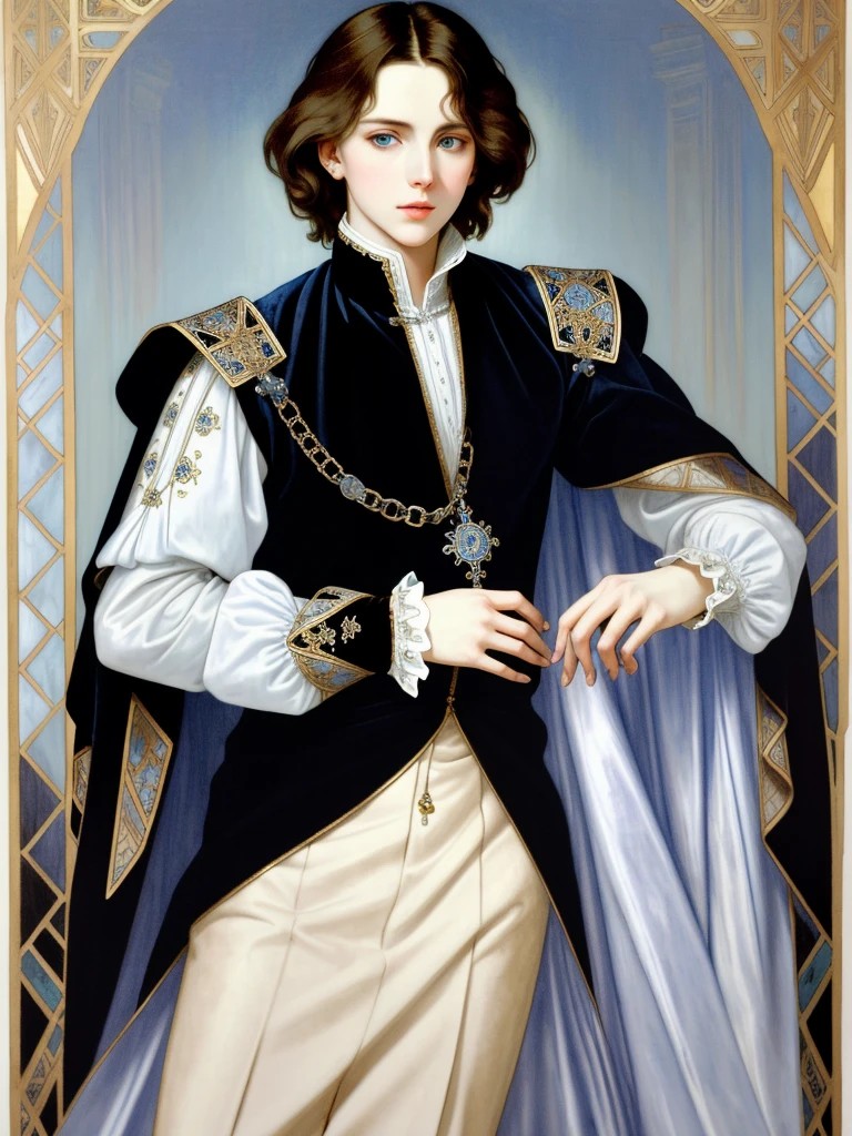 Portrait of Christopher Marlowe, white skin, piercing icy blue eyes, silky golden-brown hair, refined features, charp jawline, clean shaved, black Elizabethan velvet jerkin, embroidered velvet doublet, white laced shirt, art deco style, Alphonse Mucha style, high quality