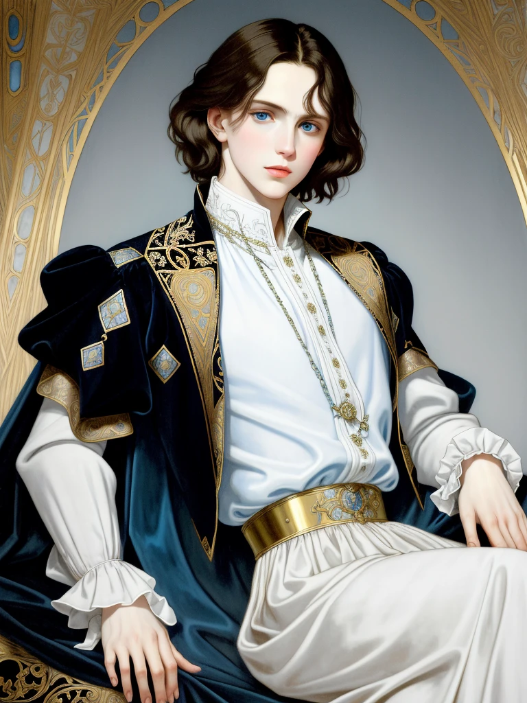 Portrait of Christopher Marlowe, white skin, piercing icy blue eyes, silky golden-brown hair, refined features, charp jawline, clean shaved, black Elizabethan velvet jerkin, embroidered velvet doublet, white laced shirt, art deco style, Alphonse Mucha style, high quality