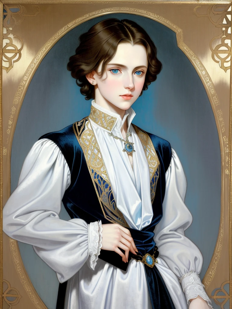 Portrait of Christopher Marlowe, white skin, piercing icy blue eyes, silky golden-brown hair, refined features, charp jawline, clean shaved, black Elizabethan velvet jerkin, embroidered velvet doublet, white laced shirt, art deco style, Alphonse Mucha style, high quality