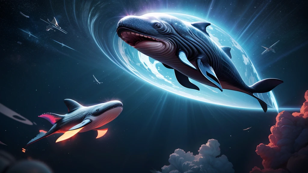 a whale flying through space, girl riding on whale's back, dramatic cinematic lighting, vibrant colors, masterpiece, 8k, photorealistic, digital painting, ultra-detailed, sharp focus, physically-based rendering, vivid colors, professional